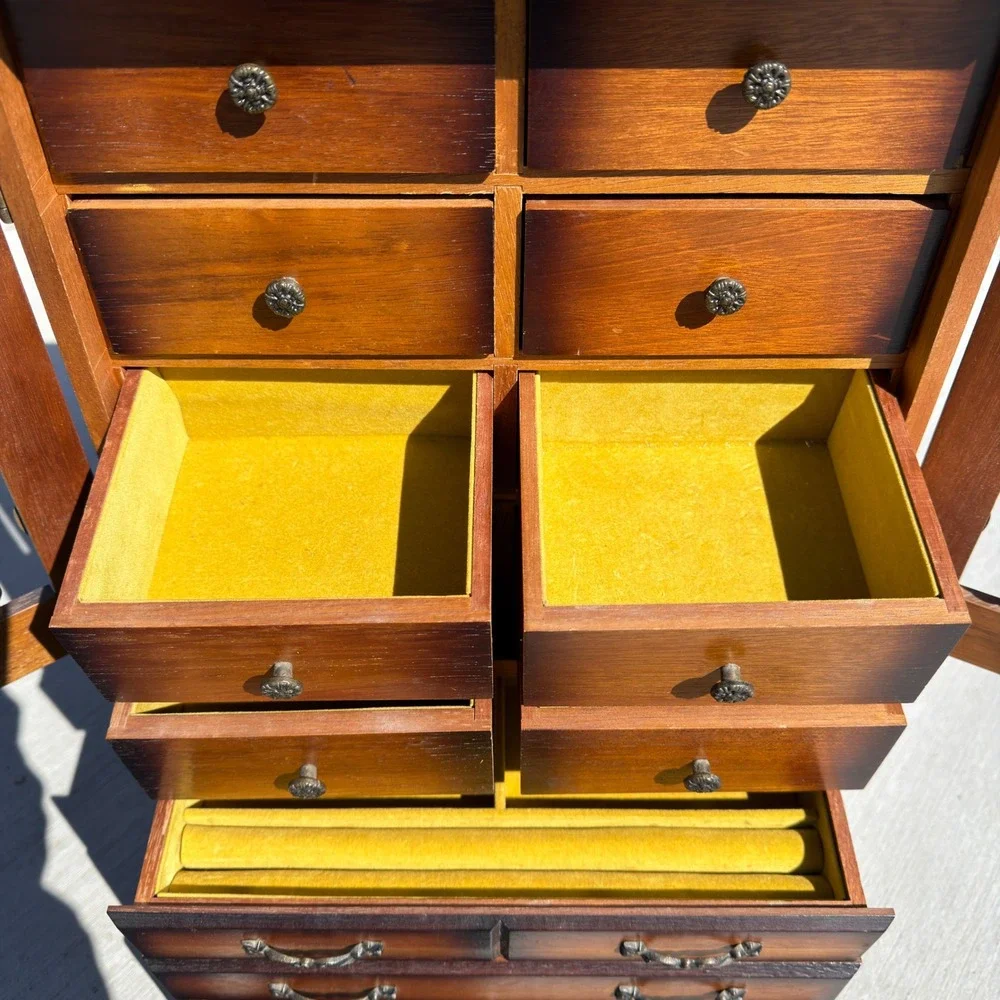 Vintage Made in Japan Wood Jewelry Armoire Spindle Door Tabletop Chest 11 Drawer